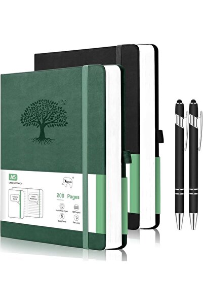 GENERAL 2-Pack A5 Hardcover Leather Notebooks with 2 Pens, Lined Notebook,200...