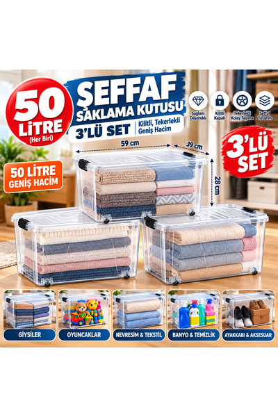 Qs Plastik 3’lü 50 Litre Şeffaf Saklama Kutusu Seti – Tekerlekli, Kilitli Kap...