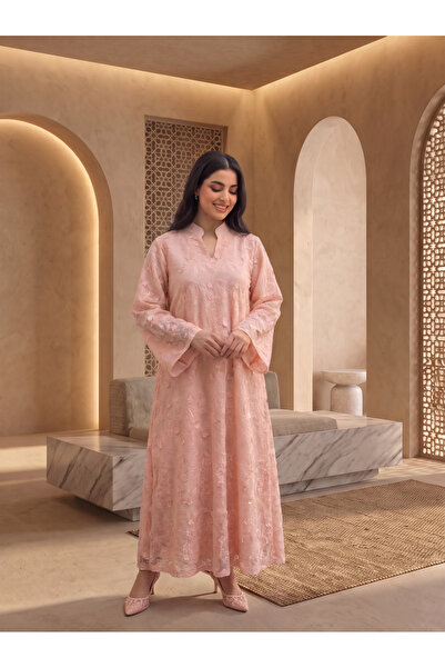 Finelook Women’s Soft Pink Floral Threadwork & Lace Maxi Kaftan Dress – Elega...