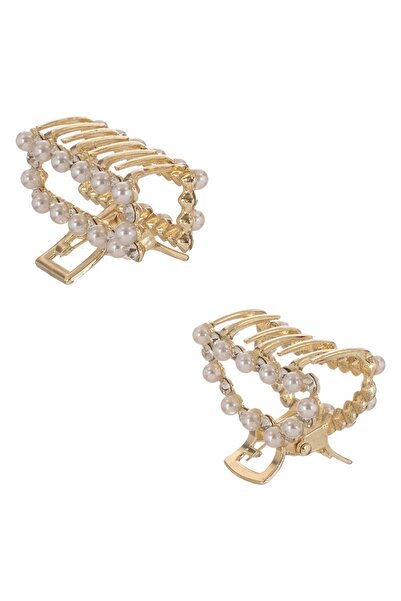 DD SHOP Clama Par de Culoare Aurie cu Margele Albe & Strass 5cm - 2buc