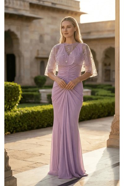 SOL BY SMITHA Lavender Designer Dress with Lace Sleeves