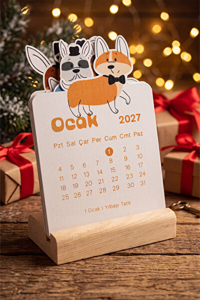 Ahşap Standlı Özel Kesim Papyonlu Corgi Tasarımlı 2027 Masaüstü Takvimi (8,5x12 cm) - Eğlenceli Yeni Yıl Hediyesi