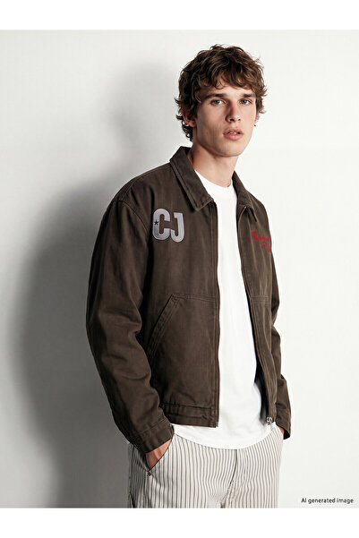 LC Waikiki Xside Brown Denim Embroidered Men's Jean Jacket with Nevavm Differ...