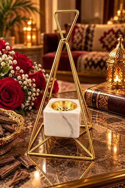 Generic Brand مبخرة رخام فاخرة بإطار هندسي ذهبي – تصميم أنيق للمجالس