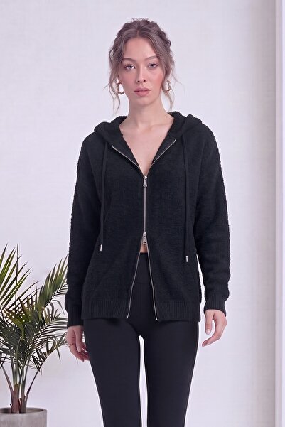 zks grup tekstil Women's Zippered Hooded Soft Cardigan Ecru, Black