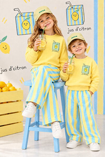 Mini Moos Unisex Pamuklu Limon Baskılı Sarı Sweatshirt & Mavi Çizgili Pantolo...