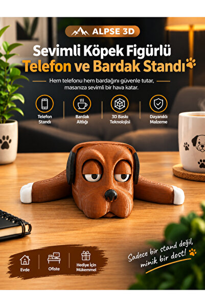 Sevimli Köpek Figürlü Telefon ve Bardak Standı | 3D Baskı Dekoratif Masa Standı | Çok Amaçlı Telefon Tutucu Bardaklık