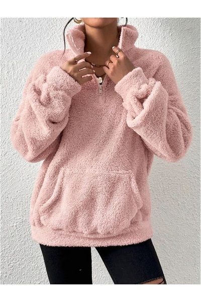 Rosy Live in style Plush Fabric Front Zippered Kangru Pocket Cuffed Sweatshirt