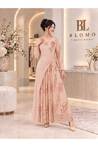 BLOMO Pink Sequin Glitter Dress with Rose Embellishment Maxi Evening Gown