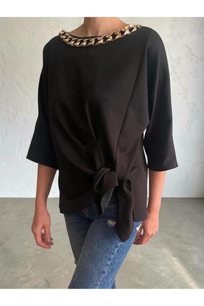 BEBE PLUS Asymmetrical and Draped Tie-Up Blouse with Gold Chain Detail