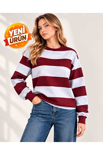 Yeni Sezon %100 Pamuk Oversize Çizgili Bisiklet Yaka Kadın Sweatshirt – Yumuşak Dokulu Rahat Kalıp