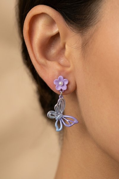 Okapi Purple Flower Headed and Purple/Blue Toned Butterfly Women's Earrings