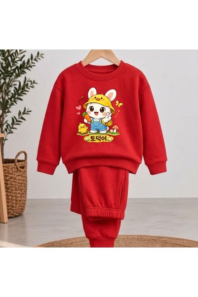playwear Team Sweatshirt with Rabbit Figure Print for Girls and Boys, Crew Neck