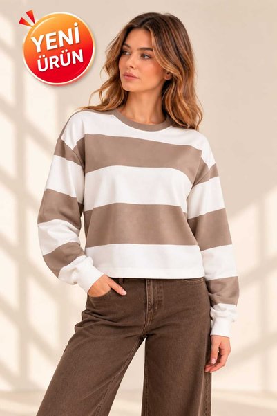 EVRA Yeni Sezon Pamuklu Oversize Çizgili Bisiklet Yaka Kadın Sweatshirt – Yum...