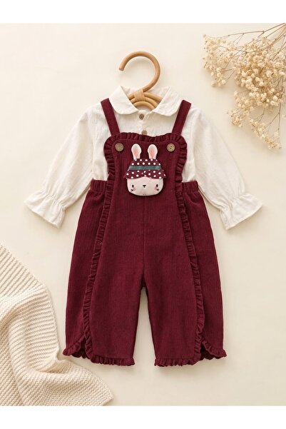 Valia Baby Keten Gömlekli Tavşanlı Kadife Salopet Mevsimlik Kız Bebek Takım