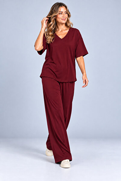 moda wanilia Women's V-Neck Casual Viscose Two-Thread Blouse and Wide-Leg Pan...