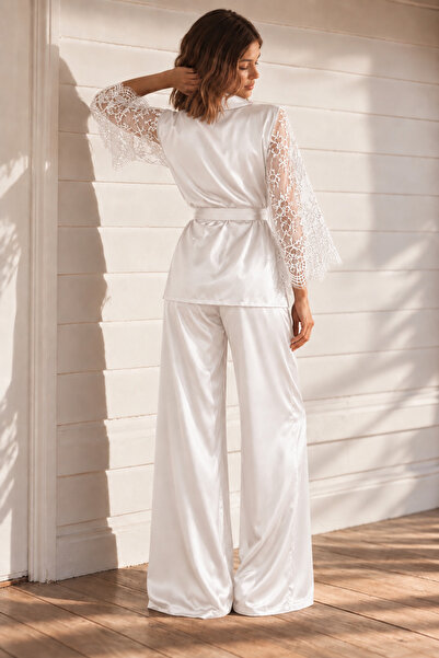 lousa Silky Satin Lace Sleeves 2-Piece Pajama Set
