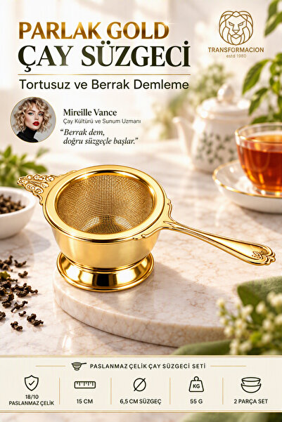 Transformacion Damlalıklı GOLD Çay Süzgeci Süzgeç Seti Gümüş 18/10 304 Paslan...