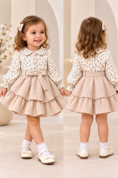 HELMİRA Girl's Shirt Collar Patterned Bowknot One-Piece Dress