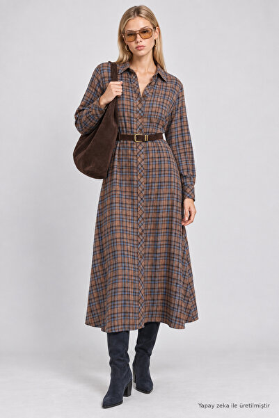 Lovelyİstanbul Belted Checkered Flared Woven Dress Lnt0048 Mink Blue