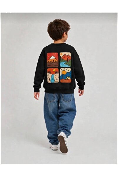 NOFLEN Your Adventure Siyah Sırt Baskılı %100 Pamuk Oversize Sweatshirt (2-13...