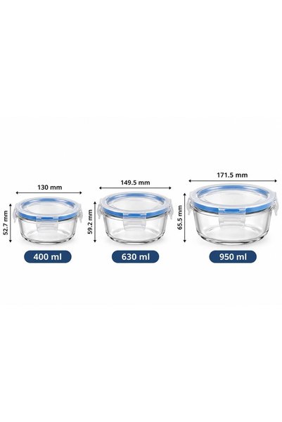 OEM Set 3 Caserole Sticlă Green Apple cu Capace Ermetice și Clips, pentru Depozitare Alimente, 400/630/950 ml
