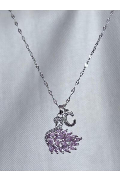 bijoux uniques 316L çelik aynalı zincir pembe zirkon taşlı C harfli kuğu kolye