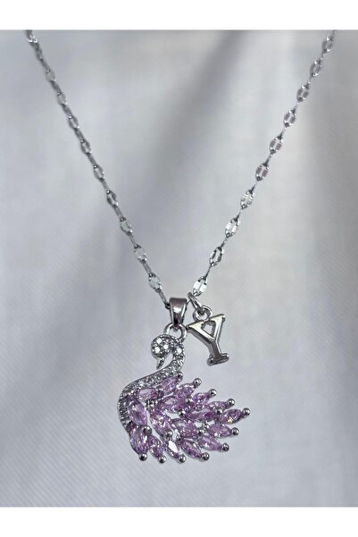 bijoux uniques 316L çelik aynalı zincir pembe zirkon taşlı Y harfli kuğu kolye