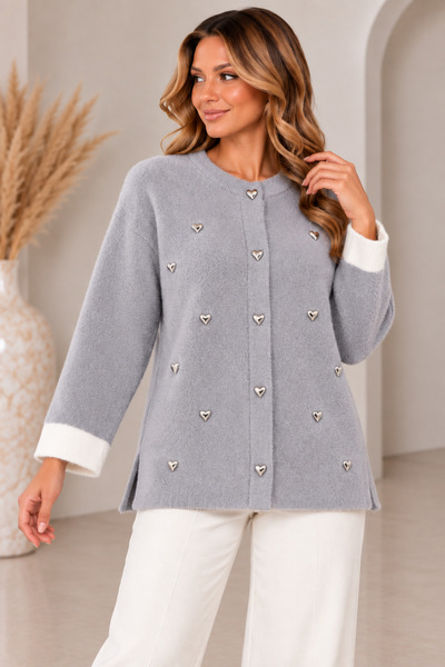 CNR TEKSTİL Women's Gray Heart Accessory Soft Textured Crew Neck Knitwear Car...