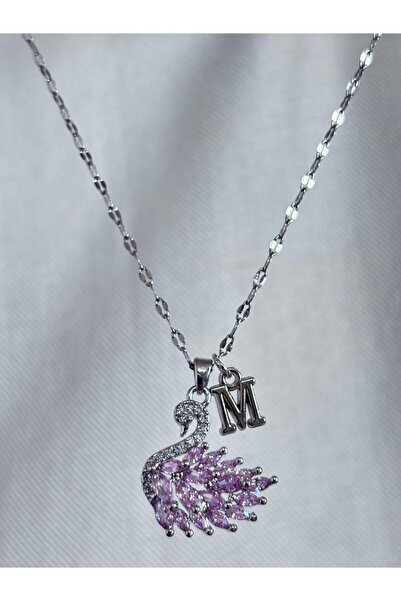 bijoux uniques 316L çelik aynalı zincir pembe zirkon taşlı M harfli kuğu kolye