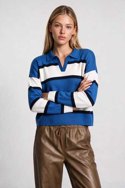 Lovelyİstanbul Polo Collar Striped Knitwear Sweater Lnt0047 Blue Dark Blue