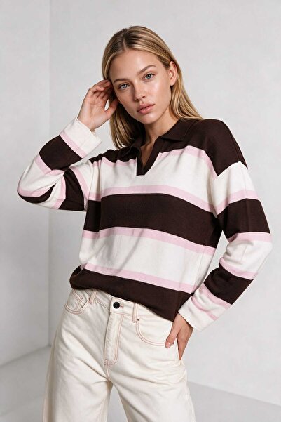 Lovelyİstanbul Polo Yaka Çizgili Triko Kazak LNT0047 KAHVERENGİ PEMBE