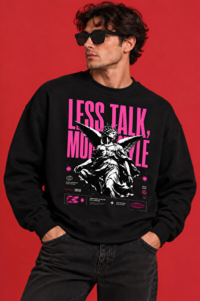 Dupe Design Unisex Oversize Printed Sweatshirt Less Talk More Style Angel Scu...
