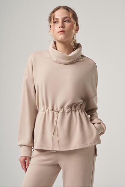 wellwe MARS Kadın Taş Rengi Modal Şal Yaka Sweatshirt