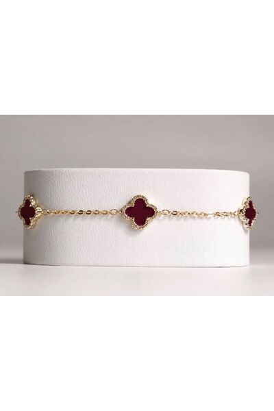 AYRA ACCESSORY Bordo Yonca Motifli Gold Renk Çelik Bileklik