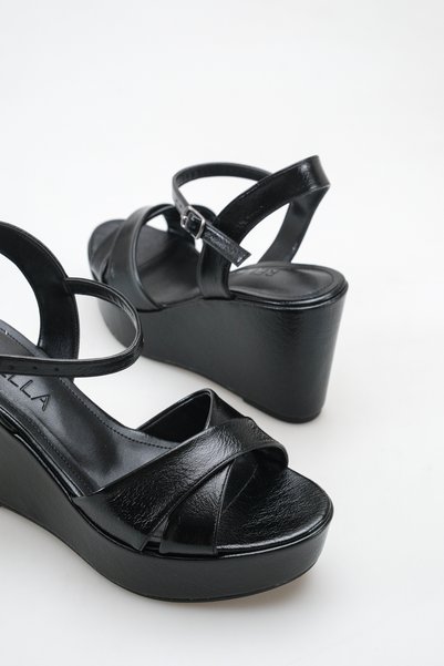 Rella Black Crinkled Patent Leather Wedge Heel Platform Sandals with Cross Straps and Ankle Buckle