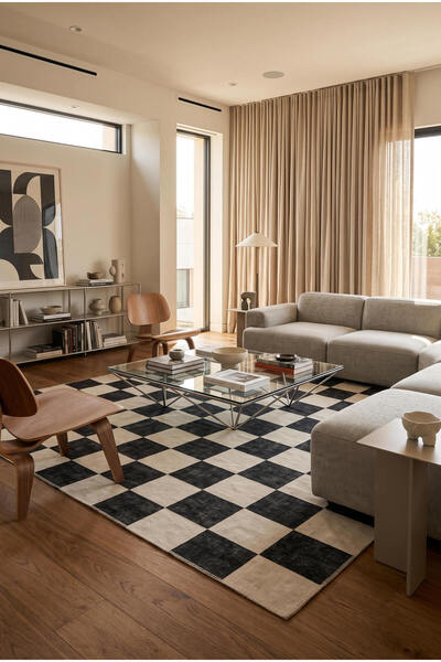 ARTLOOP Funk Siyah Beyaz Damalı Modern Desenli Dokuma Tabanlı Şönil Halı AL 684