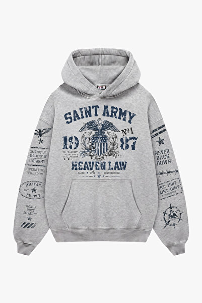 Sekizbiraltı Saint Army Printed Light Gray Oversize Unisex Hoodie