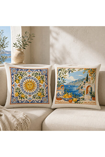 2’li Dekoratif Kırlent Kılıfı Seti 45x45 cm – Mediterranean Amalfi Desenli, Limonlu Mavi Çini ve Sahil Temalı