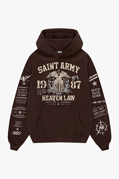 Sekizbiraltı Saint Army Printed Brown Oversize Unisex Hoodie