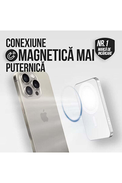 Rab Baterie externă wireless subțire Vitse, 10.000 mAh, compatibilă cu iPhone 12-15 Pro și Android, Power Bank cu încărcare rapidă, încărcare wireless QI de 15W, portabilă, cablu Type-C, albă.