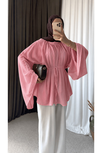 Hepsi Moda İspanyol Kol İnce Çizgili Oversize Tunik - Pembe