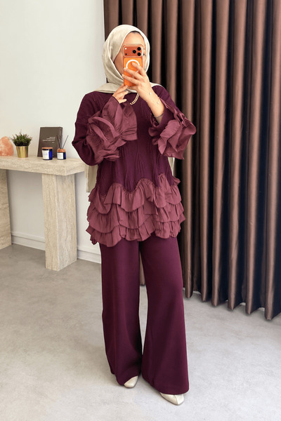 Hepsi Moda Kat Kat Fırfır Detaylı Triko Pantolonlu Takım - Mürdüm