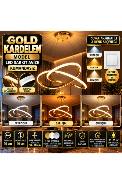 mubeda aydınlatma Gold Kardelen Model LED Sakıt Avize - 3 Renk Aydınlatma Seç...