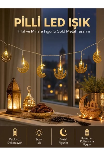 Pilli Minareli Hilal LED Işık Gold Metal Ramazan Dekorasyonu