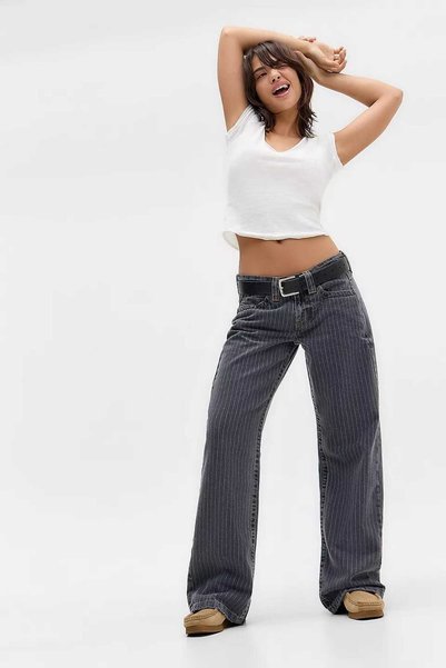 BeHill Be Hill Women's Gray Striped Wide Leg Baggy Denim Pants