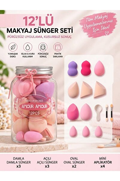 12'Li Set Şeffaf Kavanoz Kutulu Soft Makyaj Süngeri