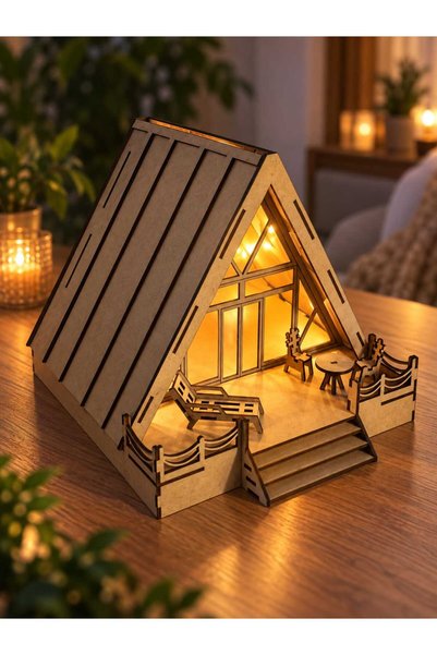 eslazerkesim Işıklı Ahşap Bungalov Ev Maketi - Kendin Yap (DIY) Dekoratif Kit...
