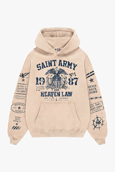Sekizbiraltı Saint Army Printed Beige Oversize Unisex Hoodie