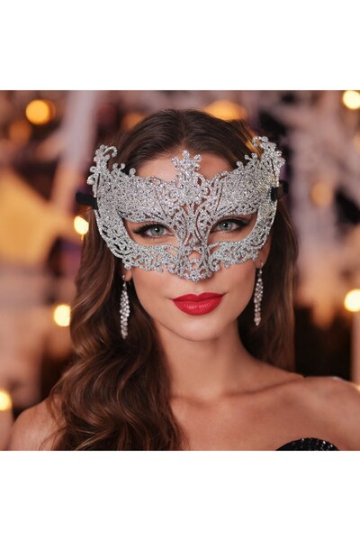 DD SHOP Masca Carnaval Argintie cu Glitter pentru Femei - Masti Deghizare Hal...